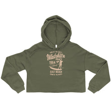 Load image into Gallery viewer, Watchill&#39;n &#39;Surf&#39;s Up&#39; - Women&#39;s Cropped Fleece Hoodie (Tan) - Watch Hill RI t-shirts with vintage surfing and motorcycle designs.