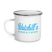 Load image into Gallery viewer, Watchill&#39;n &#39;Coordinates&#39; Enamel Mug (Cyan) - Watch Hill RI t-shirts with vintage surfing and motorcycle designs.
