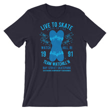 Load image into Gallery viewer, Watchill&#39;n &#39;Live to Skate&#39; - Short-Sleeve Unisex T-Shirt (Lt. Blue/Blue) - Watchill&#39;n