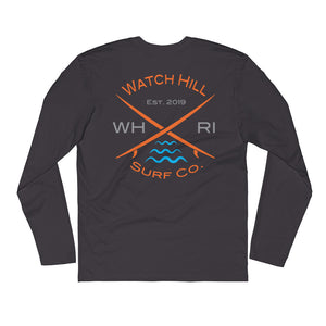 Watch Hill 'Surf Co.’ Premium Long Sleeve Fitted Crew (Orange/Grey/Cyan) - Watch Hill RI t-shirts with vintage surfing and motorcycle designs.