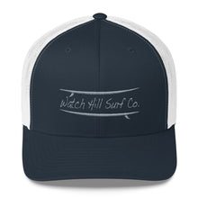 Load image into Gallery viewer, Watch Hill Surf Co. &#39;Parallel Boards&#39; Trucker Cap (Grey) - Watch Hill RI t-shirts with vintage surfing and motorcycle designs.