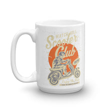 Load image into Gallery viewer, Watchill’n ‘Scooter Club’ Ceramic Mugs in 11oz. or 15oz. (Creme/Cyan) - Watch Hill RI t-shirts with vintage surfing and motorcycle designs.