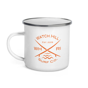 Watch Hill Surf Co. 'Crossed Boards' Enamel Mug (Orange) - Watch Hill RI t-shirts with vintage surfing and motorcycle designs.