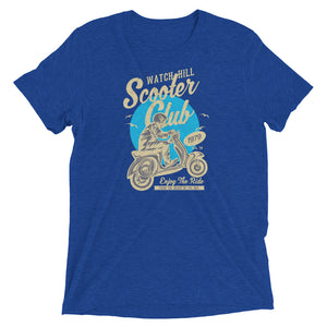 Watchill’n ‘Scooter Club’ Unisex Short Sleeve t-shirt (Creme/Cyan) - Watch Hill RI t-shirts with vintage surfing and motorcycle designs.