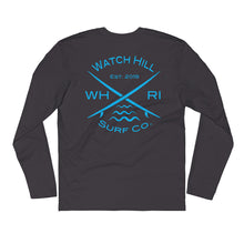 Load image into Gallery viewer, Watch Hill &#39;Surf Co.’ Premium Long Sleeve Fitted Crew (Cyan) - Watch Hill RI t-shirts with vintage surfing and motorcycle designs.