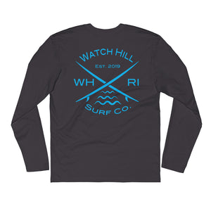 Watch Hill 'Surf Co.’ Premium Long Sleeve Fitted Crew (Cyan) - Watch Hill RI t-shirts with vintage surfing and motorcycle designs.