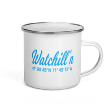 Load image into Gallery viewer, Watchill&#39;n &#39;Coordinates&#39; Enamel Mug (Cyan) - Watch Hill RI t-shirts with vintage surfing and motorcycle designs.
