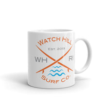 Load image into Gallery viewer, Watch Hill ‘Surf Co.’ Ceramic Mugs in 11oz. or 15oz. (Orange/Grey/Cyan) - Watch Hill RI t-shirts with vintage surfing and motorcycle designs.