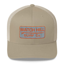 Load image into Gallery viewer, Watch Hill Surf Co. &#39;Patch Logo&#39; Trucker Cap (Grey/Orange) - Watch Hill RI t-shirts with vintage surfing and motorcycle designs.