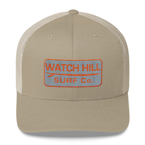 Watch Hill Surf Co. 'Patch Logo' Trucker Cap (Grey/Orange) - Watch Hill RI t-shirts with vintage surfing and motorcycle designs.