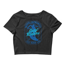 Load image into Gallery viewer, Watchill&#39;n &#39;Surf Rider&#39; - Women’s Crop Tee (Blue/Cyan) - Watch Hill RI t-shirts with vintage surfing and motorcycle designs.