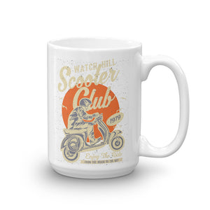 Watchill’n ‘Scooter Club’ Ceramic Mugs in 11oz. or 15oz. (Creme/Cyan) - Watch Hill RI t-shirts with vintage surfing and motorcycle designs.