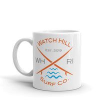 Load image into Gallery viewer, Watch Hill ‘Surf Co.’ Ceramic Mugs in 11oz. or 15oz. (Orange/Grey/Cyan) - Watch Hill RI t-shirts with vintage surfing and motorcycle designs.