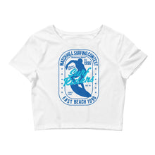 Load image into Gallery viewer, Watchill&#39;n &#39;Surf Rider&#39; - Women’s Crop Tee (Blue/Cyan) - Watch Hill RI t-shirts with vintage surfing and motorcycle designs.