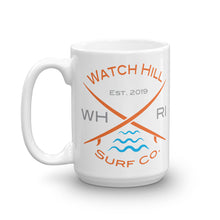 Load image into Gallery viewer, Watch Hill ‘Surf Co.’ Ceramic Mugs in 11oz. or 15oz. (Orange/Grey/Cyan) - Watch Hill RI t-shirts with vintage surfing and motorcycle designs.