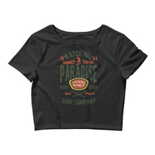 Load image into Gallery viewer, Watchill&#39;n &#39;Summer Surfing&#39; - Women’s Crop Tee (Green/Terracotta) - Watch Hill RI t-shirts with vintage surfing and motorcycle designs.