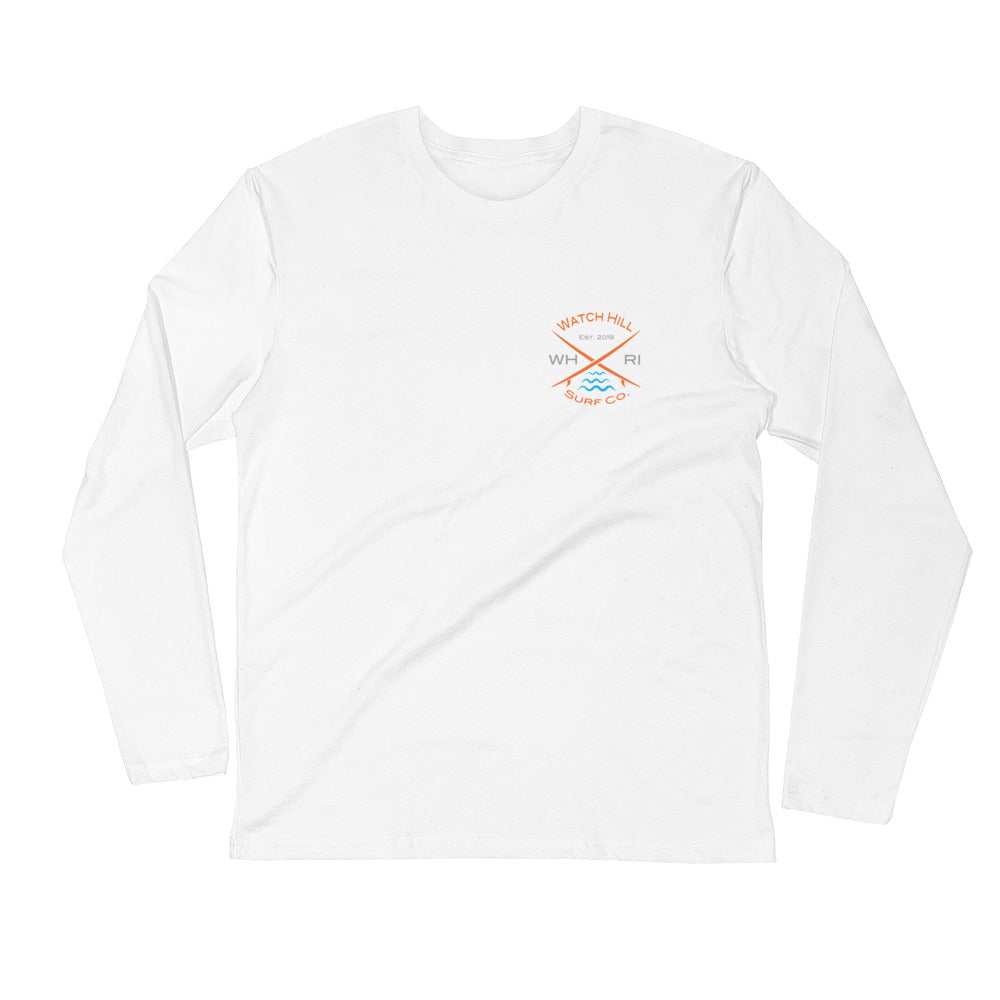 Watch Hill 'Surf Co.’ Premium Long Sleeve Fitted Crew (Orange/Grey/Cyan) - Watch Hill RI t-shirts with vintage surfing and motorcycle designs.