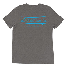 Load image into Gallery viewer, Watch Hill Surf Co. &#39;Parallel Boards&#39; Unisex Short sleeve t-shirt (Cyan) - Watch Hill RI t-shirts with vintage surfing and motorcycle designs.