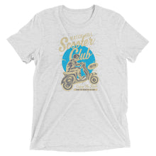 Load image into Gallery viewer, Watchill’n ‘Scooter Club’ Unisex Short Sleeve t-shirt (Creme/Cyan) - Watch Hill RI t-shirts with vintage surfing and motorcycle designs.