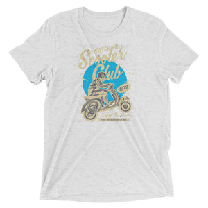 Watchill’n ‘Scooter Club’ Unisex Short Sleeve t-shirt (Creme/Cyan) - Watch Hill RI t-shirts with vintage surfing and motorcycle designs.