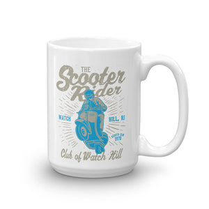 Watchill’n ‘Scooter Rider’ Ceramic Mugs in 11oz. or 15oz. (Grey/Cyan) - Watch Hill RI t-shirts with vintage surfing and motorcycle designs.