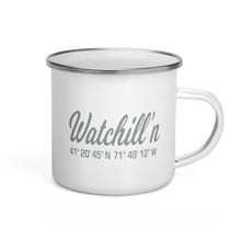Load image into Gallery viewer, Watchill&#39;n &#39;Coordinates&#39; Enamel Mug (Grey) - Watch Hill RI t-shirts with vintage surfing and motorcycle designs.