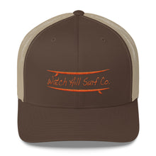 Load image into Gallery viewer, Watch Hill Surf Co. &#39;Parallel Boards&#39; Trucker Cap (Orange) - Watch Hill RI t-shirts with vintage surfing and motorcycle designs.