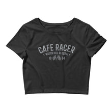 Load image into Gallery viewer, Watchill’n ‘Cafe Racer’ - Women’s Crop Tee (Grey) - Watch Hill RI t-shirts with vintage surfing and motorcycle designs.