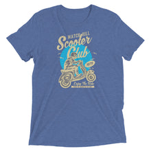 Load image into Gallery viewer, Watchill’n ‘Scooter Club’ Unisex Short Sleeve t-shirt (Creme/Cyan) - Watch Hill RI t-shirts with vintage surfing and motorcycle designs.