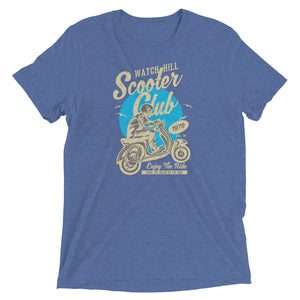 Watchill’n ‘Scooter Club’ Unisex Short Sleeve t-shirt (Creme/Cyan) - Watch Hill RI t-shirts with vintage surfing and motorcycle designs.