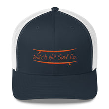 Load image into Gallery viewer, Watch Hill Surf Co. &#39;Parallel Boards&#39; Trucker Cap (Orange) - Watch Hill RI t-shirts with vintage surfing and motorcycle designs.