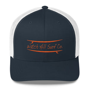 Watch Hill Surf Co. 'Parallel Boards' Trucker Cap (Orange) - Watch Hill RI t-shirts with vintage surfing and motorcycle designs.