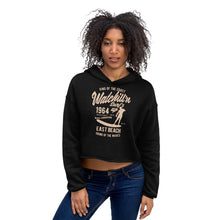 Load image into Gallery viewer, Watchill&#39;n &#39;Surf&#39;s Up&#39; - Women&#39;s Cropped Fleece Hoodie (Tan) - Watch Hill RI t-shirts with vintage surfing and motorcycle designs.