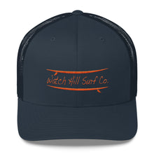 Load image into Gallery viewer, Watch Hill Surf Co. &#39;Parallel Boards&#39; Trucker Cap (Orange) - Watch Hill RI t-shirts with vintage surfing and motorcycle designs.