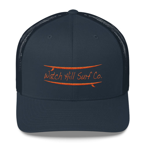 Watch Hill Surf Co. 'Parallel Boards' Trucker Cap (Orange) - Watch Hill RI t-shirts with vintage surfing and motorcycle designs.