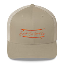 Load image into Gallery viewer, Watch Hill Surf Co. &#39;Parallel Boards&#39; Trucker Cap (Orange) - Watch Hill RI t-shirts with vintage surfing and motorcycle designs.