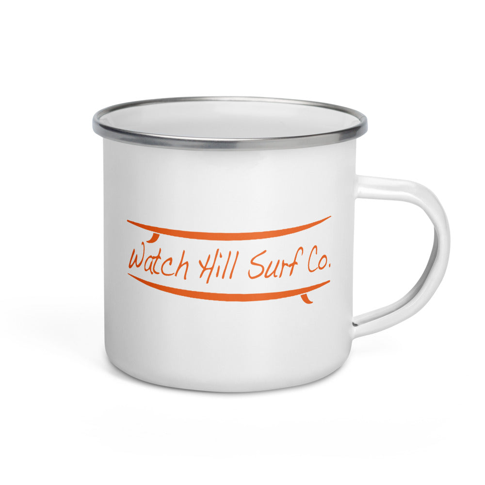 Watch Hill Surf Co. 'Parallel Boards' Enamel Mug (Orange) - Watch Hill RI t-shirts with vintage surfing and motorcycle designs.