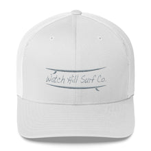 Load image into Gallery viewer, Watch Hill Surf Co. &#39;Parallel Boards&#39; Trucker Cap (Grey) - Watch Hill RI t-shirts with vintage surfing and motorcycle designs.