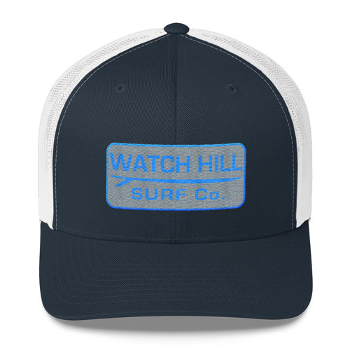 Watch Hill Surf Co. 'Patch Logo' Trucker Cap (Grey/Cyan) - Watch Hill RI t-shirts with vintage surfing and motorcycle designs.