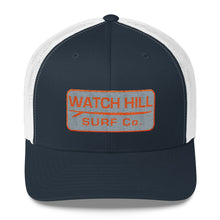 Load image into Gallery viewer, Watch Hill Surf Co. &#39;Patch Logo&#39; Trucker Cap (Grey/Orange) - Watch Hill RI t-shirts with vintage surfing and motorcycle designs.