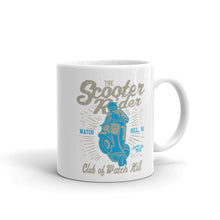 Load image into Gallery viewer, Watchill’n ‘Scooter Rider’ Ceramic Mugs in 11oz. or 15oz. (Grey/Cyan) - Watch Hill RI t-shirts with vintage surfing and motorcycle designs.