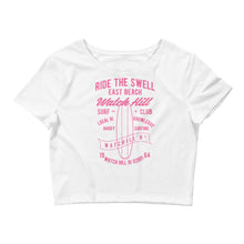 Load image into Gallery viewer, Watchill&#39;n &#39;Ride the Swell&#39; - Women’s Crop Tee (Pink) - Watch Hill RI t-shirts with vintage surfing and motorcycle designs.