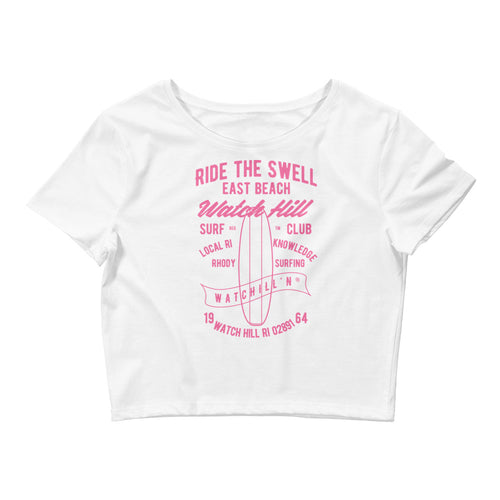 Watchill'n 'Ride the Swell' - Women’s Crop Tee (Pink) - Watch Hill RI t-shirts with vintage surfing and motorcycle designs.