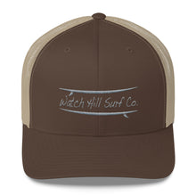 Load image into Gallery viewer, Watch Hill Surf Co. &#39;Parallel Boards&#39; Trucker Cap (Grey) - Watch Hill RI t-shirts with vintage surfing and motorcycle designs.