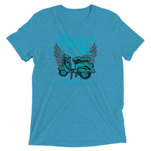 Load image into Gallery viewer, Watchill’n ‘Scooter Club’ Unisex Short Sleeve t-shirt (Cyan/Turquoise) - Watch Hill RI t-shirts with vintage surfing and motorcycle designs.