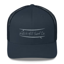 Load image into Gallery viewer, Watch Hill Surf Co. &#39;Parallel Boards&#39; Trucker Cap (Grey) - Watch Hill RI t-shirts with vintage surfing and motorcycle designs.