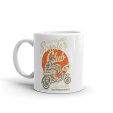 Load image into Gallery viewer, Watchill’n ‘Scooter Club’ Ceramic Mugs in 11oz. or 15oz. (Creme/Cyan) - Watch Hill RI t-shirts with vintage surfing and motorcycle designs.