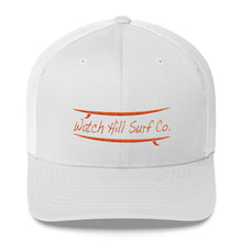 Load image into Gallery viewer, Watch Hill Surf Co. &#39;Parallel Boards&#39; Trucker Cap (Orange) - Watch Hill RI t-shirts with vintage surfing and motorcycle designs.