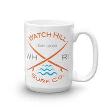 Load image into Gallery viewer, Watch Hill ‘Surf Co.’ Ceramic Mugs in 11oz. or 15oz. (Orange/Grey/Cyan) - Watch Hill RI t-shirts with vintage surfing and motorcycle designs.