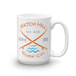 Watch Hill ‘Surf Co.’ Ceramic Mugs in 11oz. or 15oz. (Orange/Grey/Cyan) - Watch Hill RI t-shirts with vintage surfing and motorcycle designs.